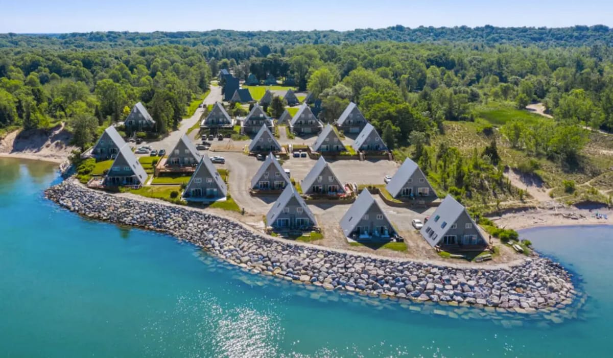 A sweeping aerial view of Chalet on the Lake Resort.