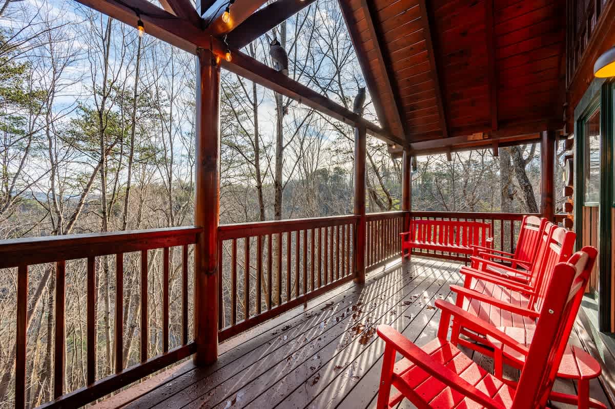 New polywood benches and rocking chairs at the main level, adjacent to the hot tub so you can enjoy the view off the back deck!