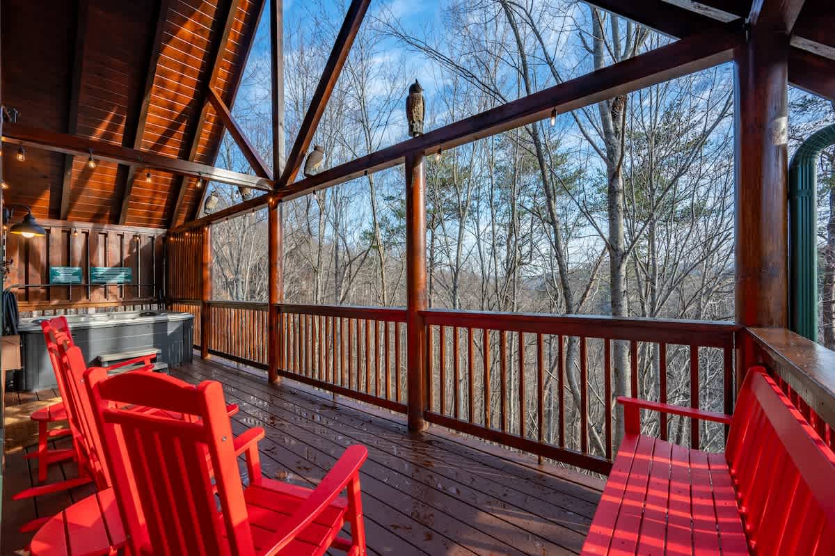 New polywood benches and rocking chairs at the main level, adjacent to the hot tub so you can enjoy the view off the back deck!