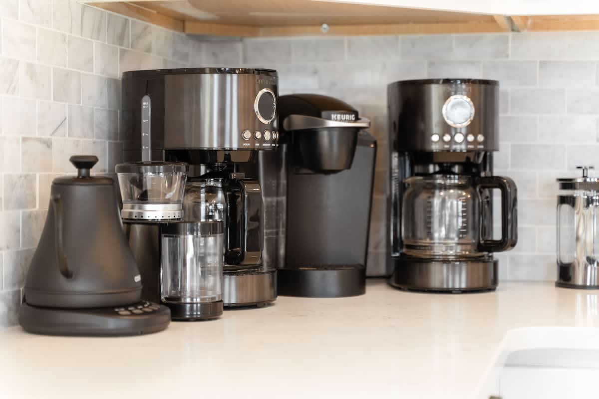 Coffee & Tea - !e have you covered! Drip Coffee, French Press + Water Kettle , and a Keurig