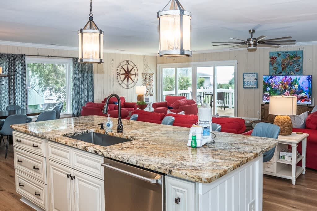 Kitchen/Island Bar, Dining Area and Living Room