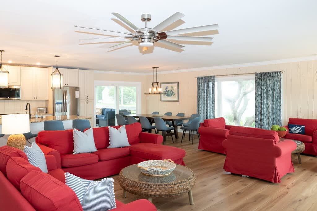Open Concept Living Room with Access to Front Porch and Screened Porch