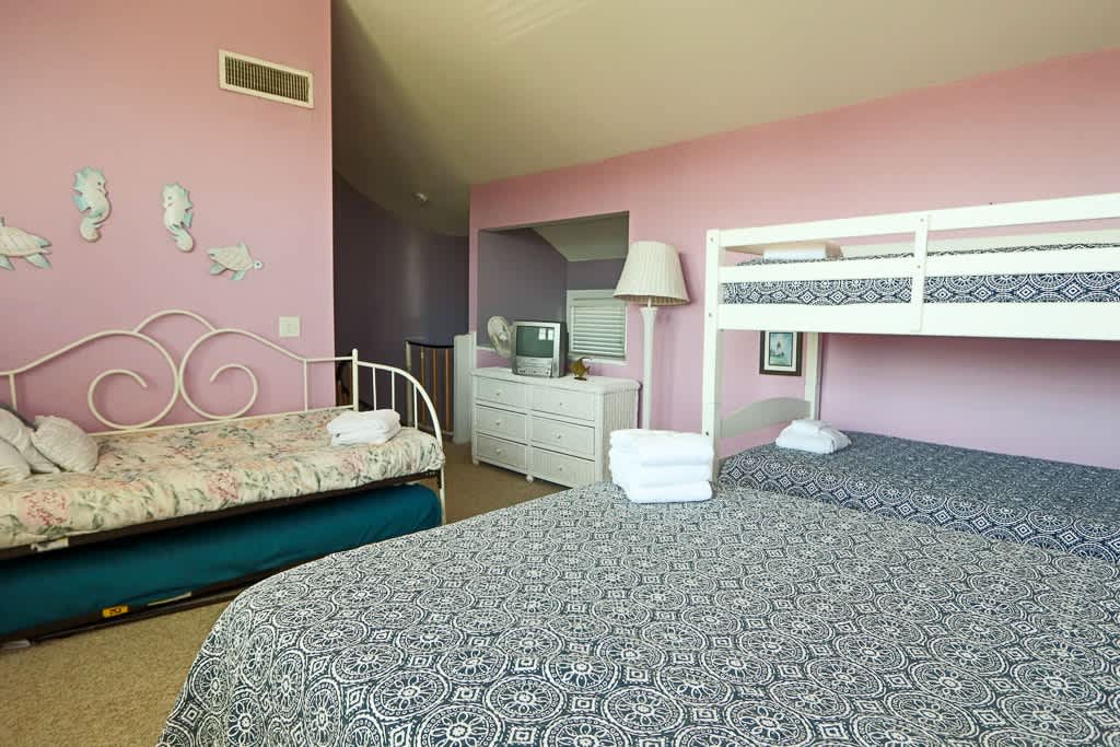 2nd Level Loft Bedroom with 2 Queens, 1 Twin over Twin Bunkbed and Full En Suite Bathroom