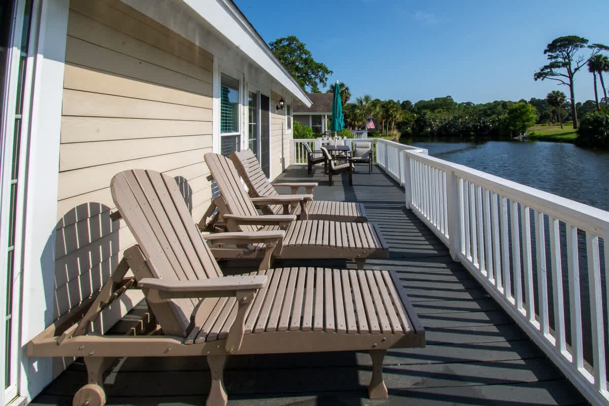 Lovely backyard deck overlooking water and Ocean Point golf course