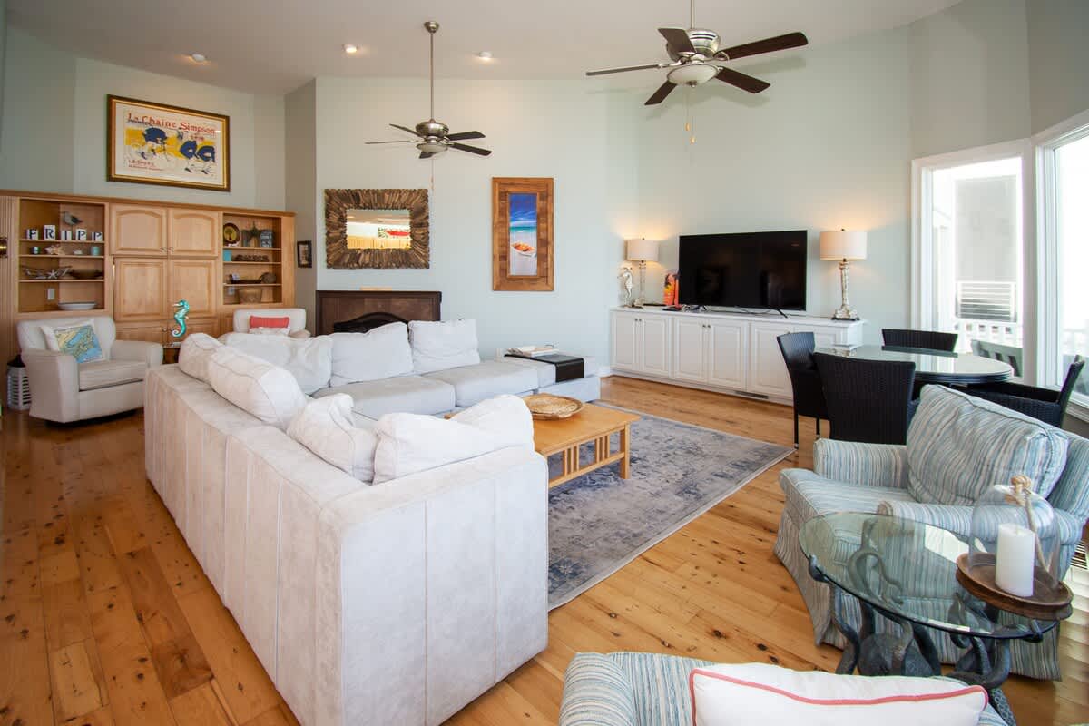 Open concept living room with ocean views