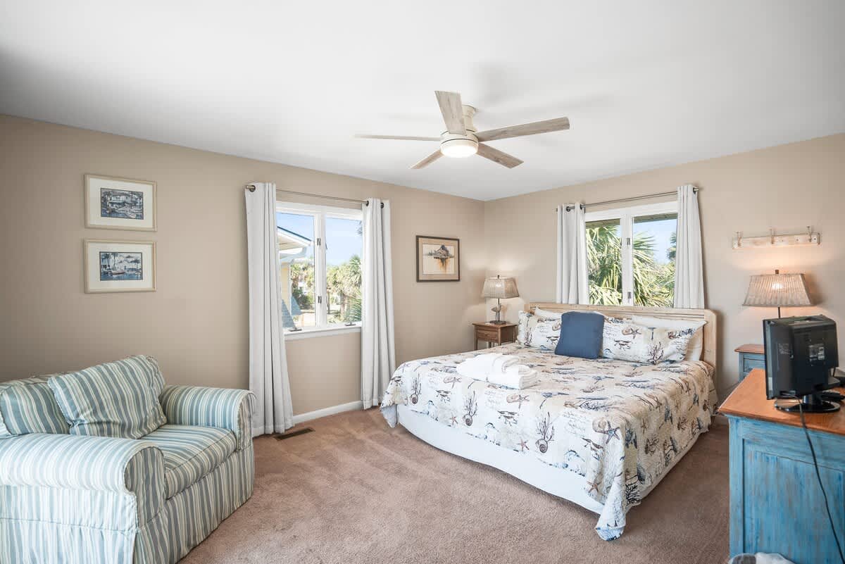 Primary Bedroom 1 with King Bed and Ocean View with Access to Deck