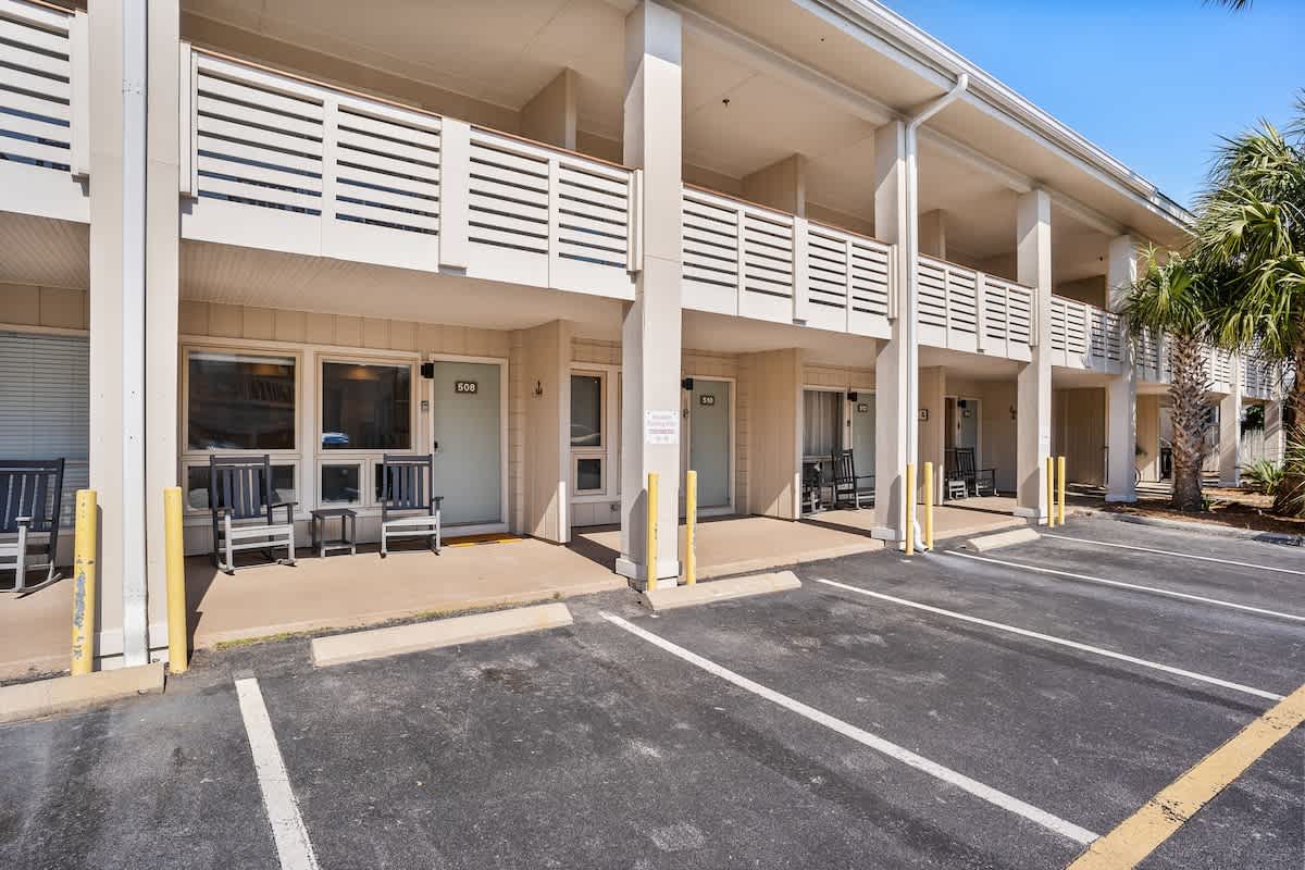Front Patio Area with Seating and Parking