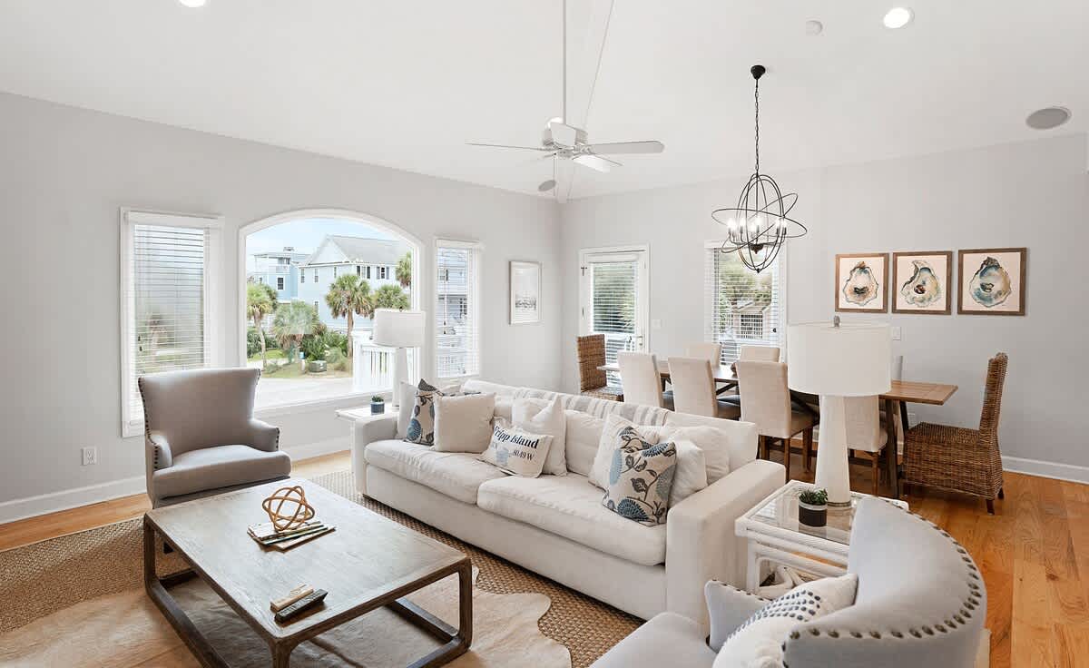 Open concept second floor living room, dining room and kitchen