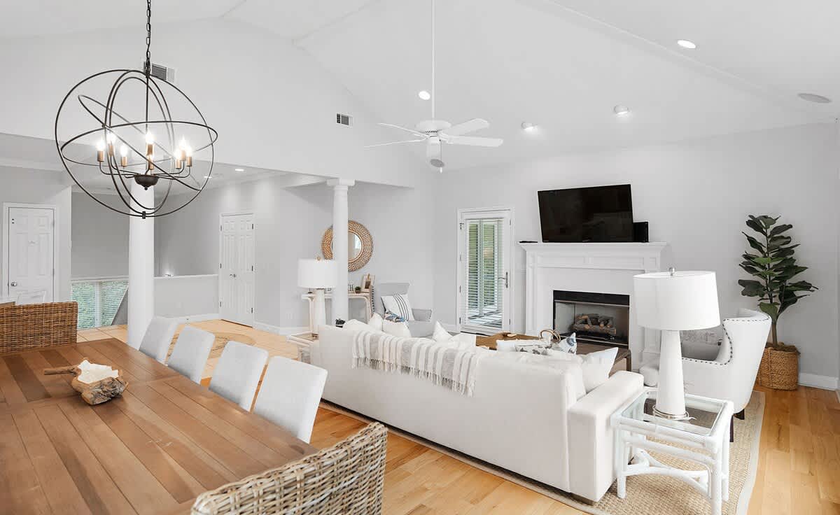 Open concept second floor living room, dining room and kitchen