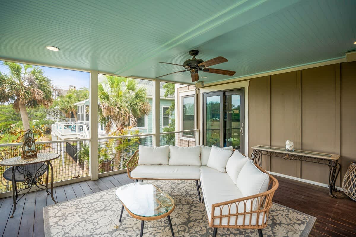 Screened Porch off of Living Room/Kid's Bedroom with Marsh and Ocean Views