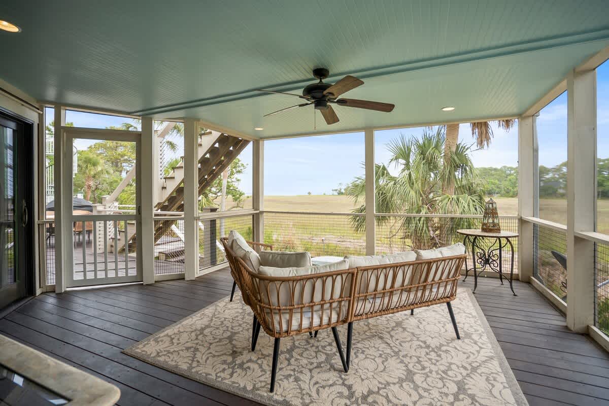 Screened Porch off of Living Room/Kid's Bedroom with Marsh and Ocean Views