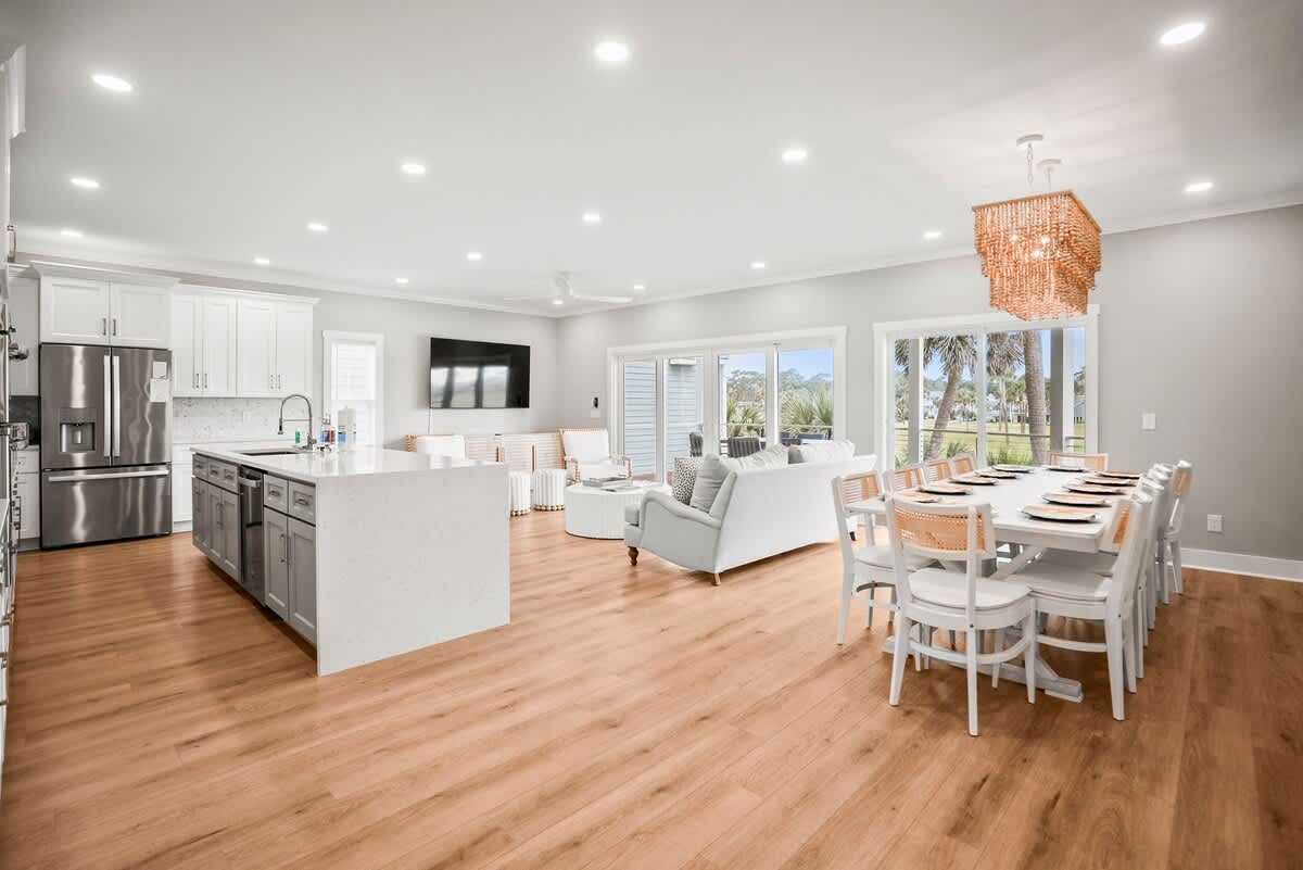 Modern kitchen with open concept dining and living room