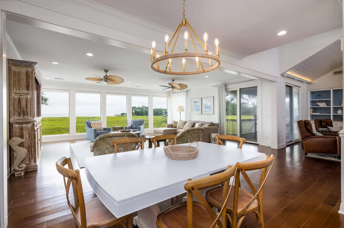 Open concept kitchen, dining area and living room with amazing ocean views.