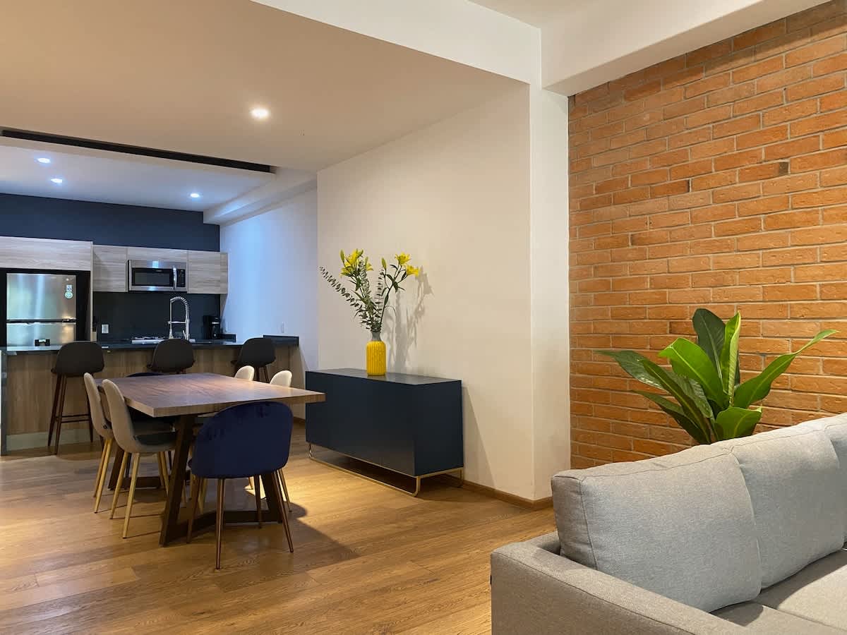 Living room with kitchen view