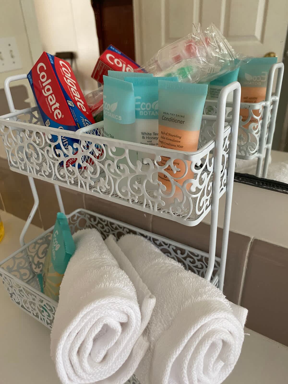 Each bathroom will have shampoo, conditioner, body wash, lotion and soap. Also 2 toothbrushes and toothpaste 