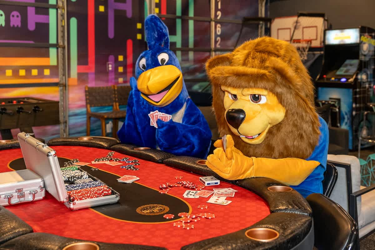 The lion and bird mascots take their game night seriously with a round of poker.