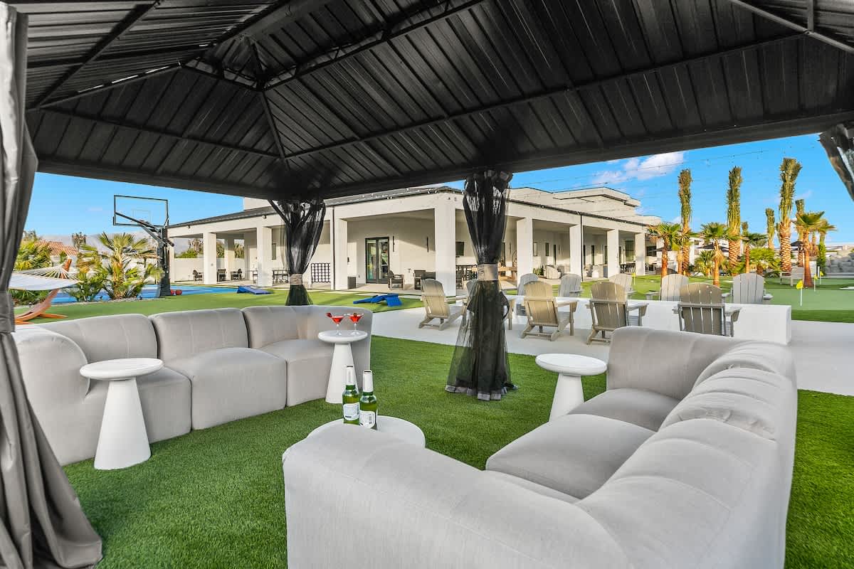 Outdoor seating area with nets for privacy