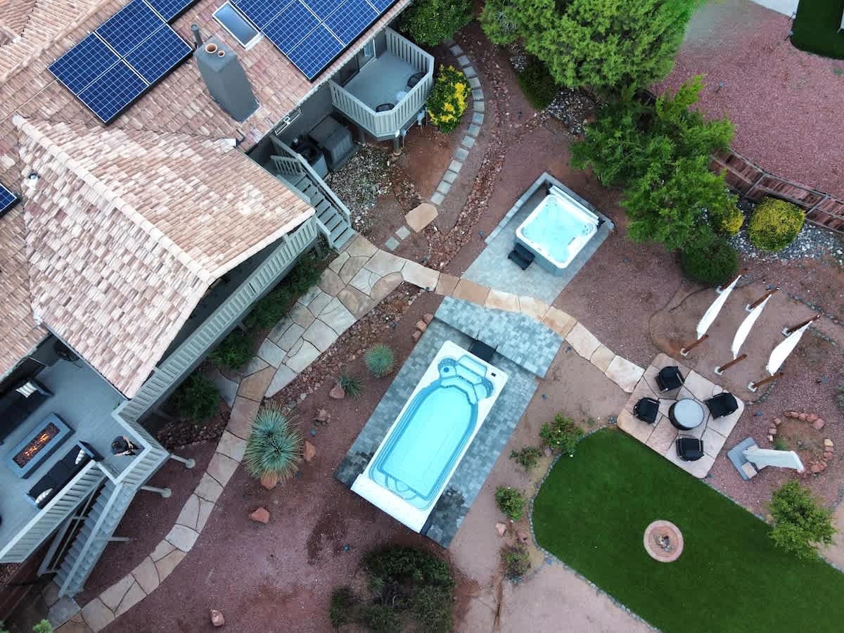 Warm at the Firepit on the deck or take a dip in the heated pool and spa. Lounge in the hammocks or yoga in the grass.