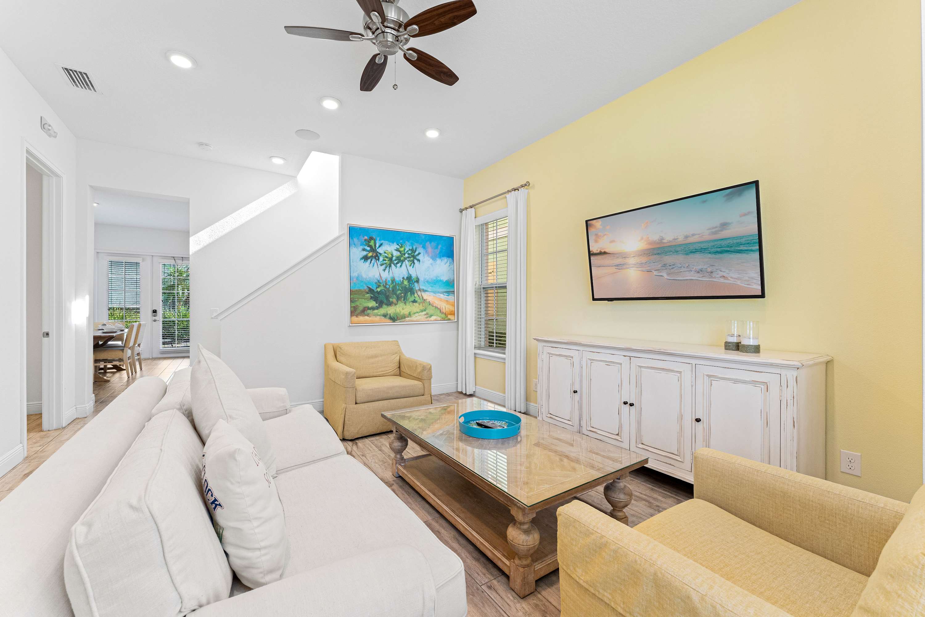 Curl up in the coastal living room & stream all your favorite entertainment