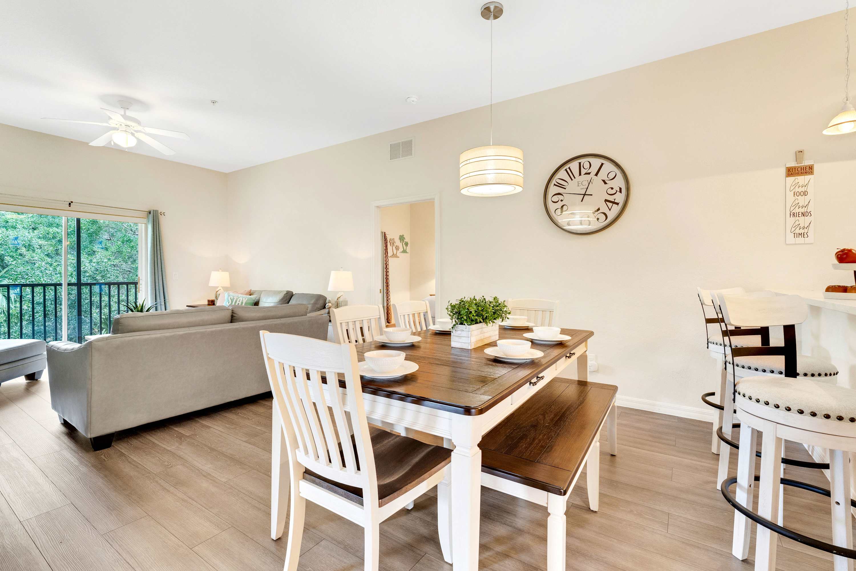 Gather for meals together at the dining table, seating 7