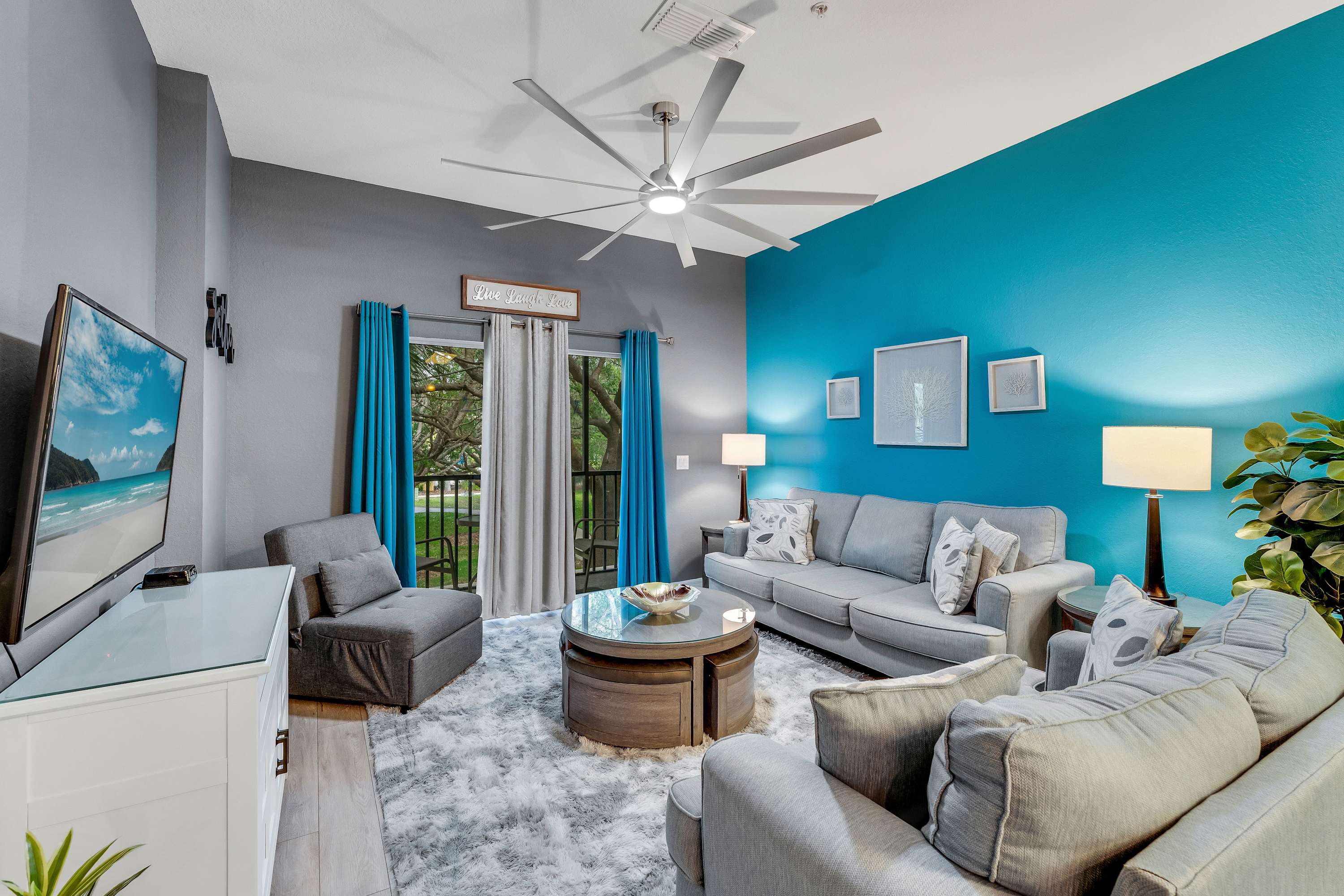 Curl up in the serene living room & stream all your favorite entertainment