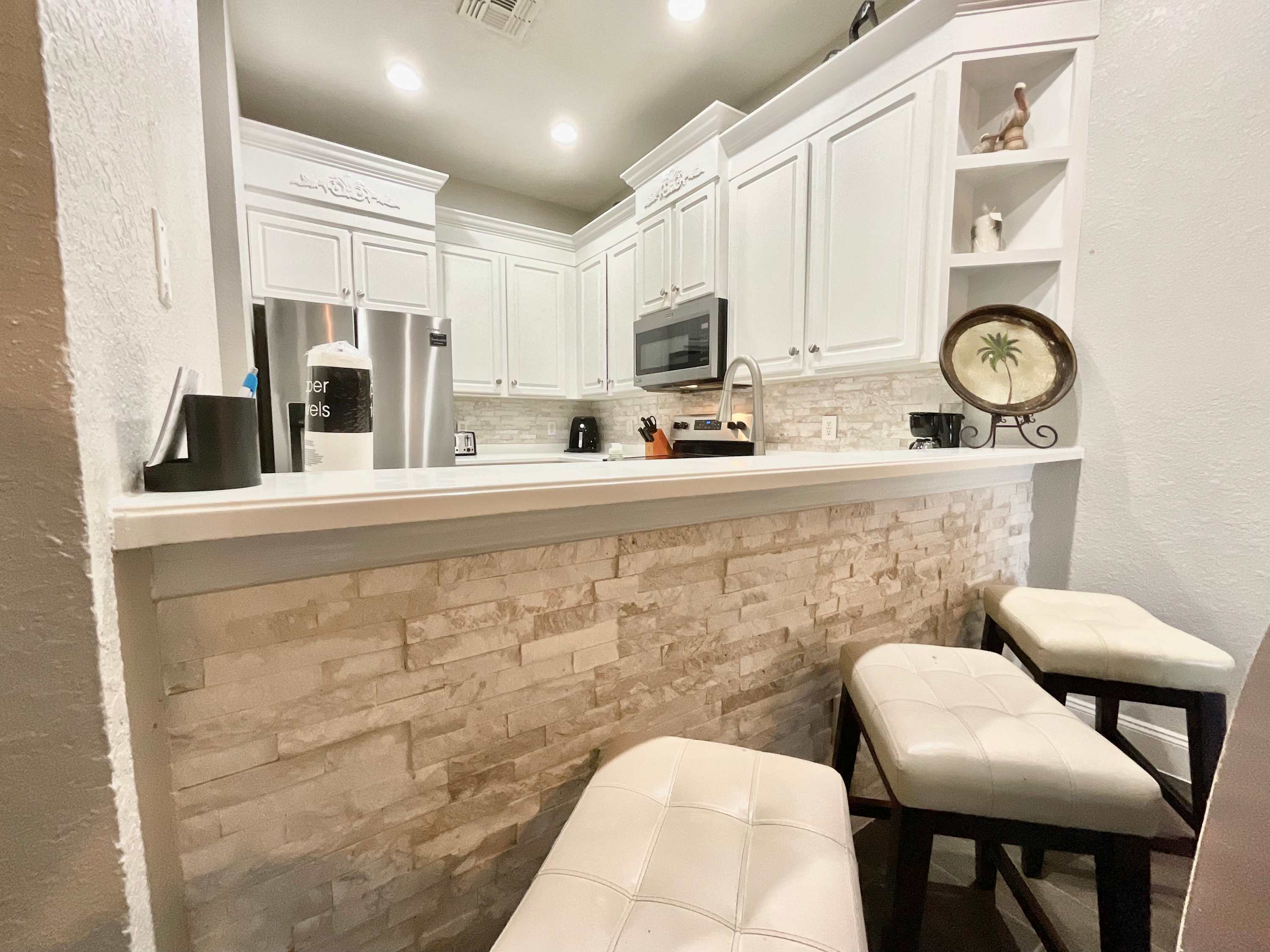 Sip morning coffee or grab a bite at the counter, with seating for 3