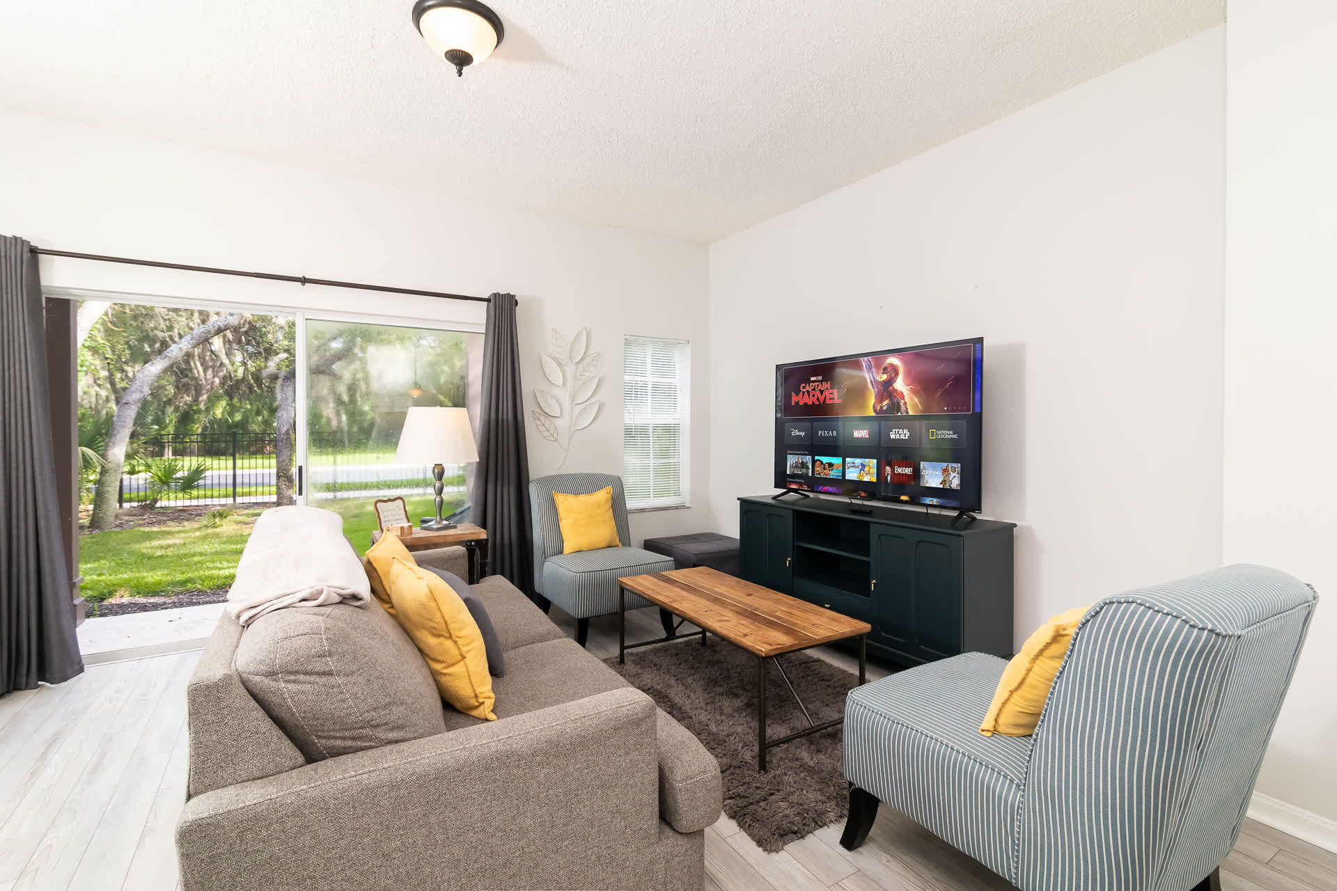 Cozy and spacious living area with TV