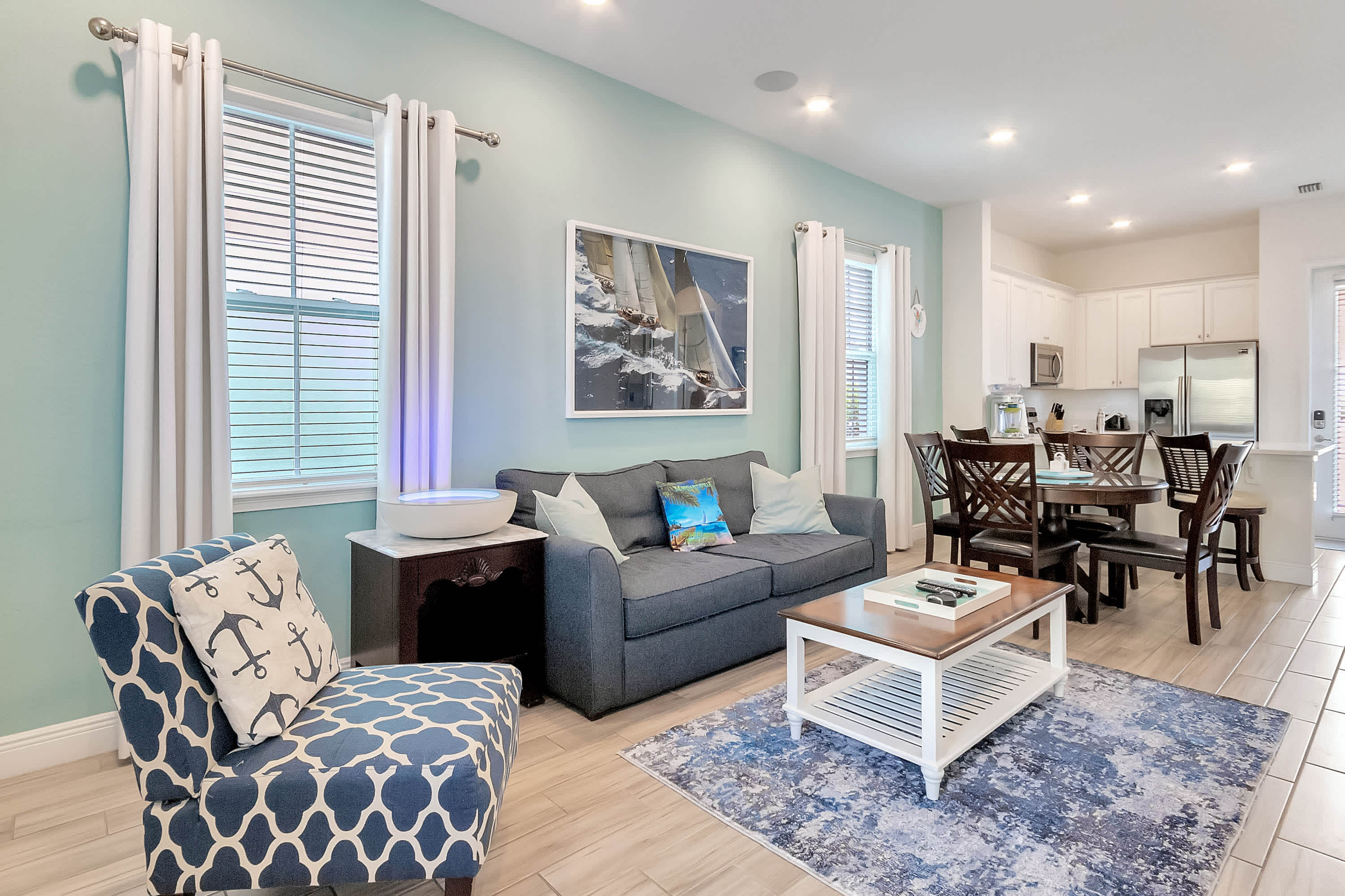 Living, dining, and kitchen area