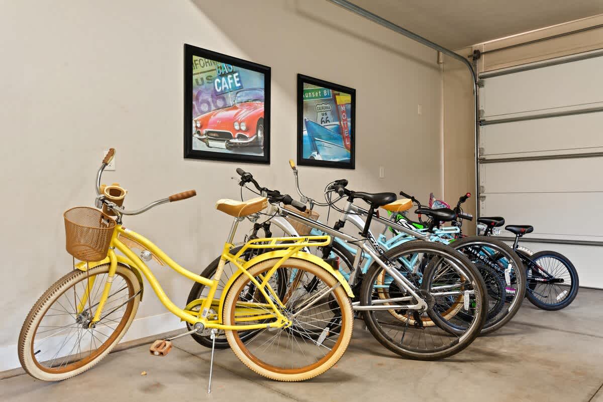 Several bikes and helmets provided