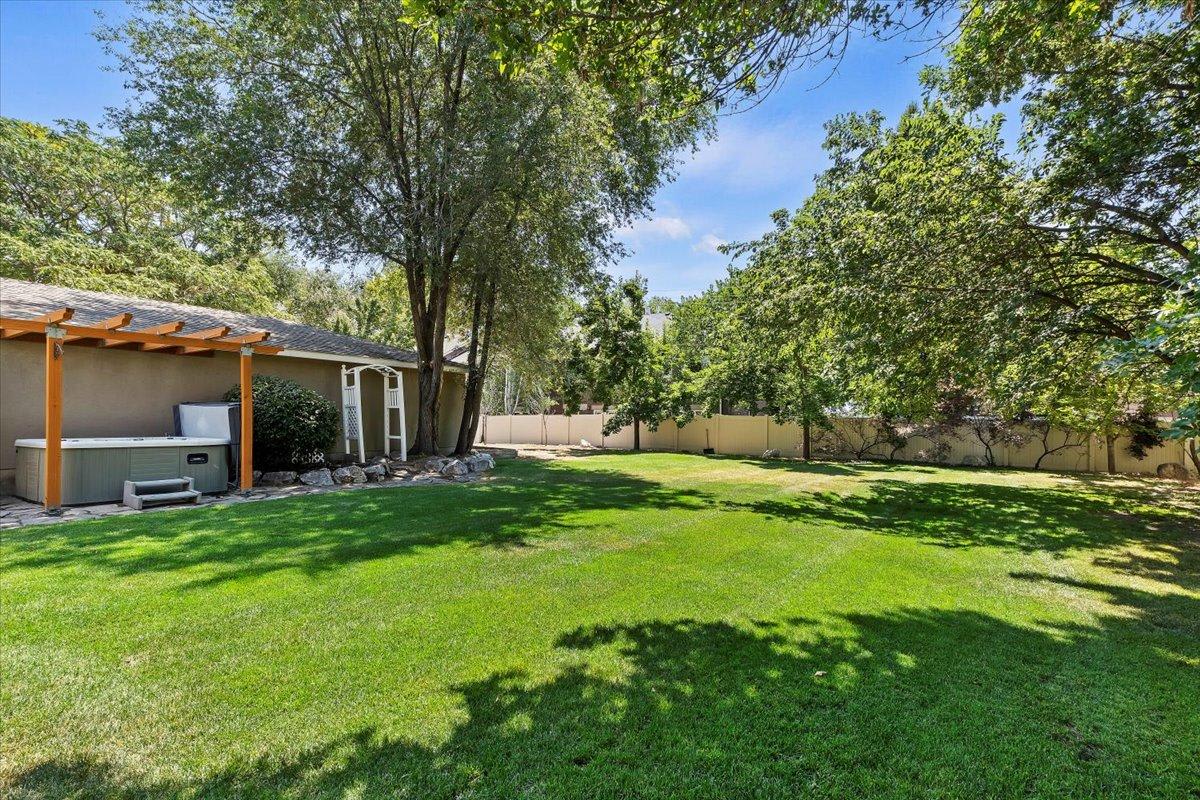 Back yard with mature trees & new hot tub