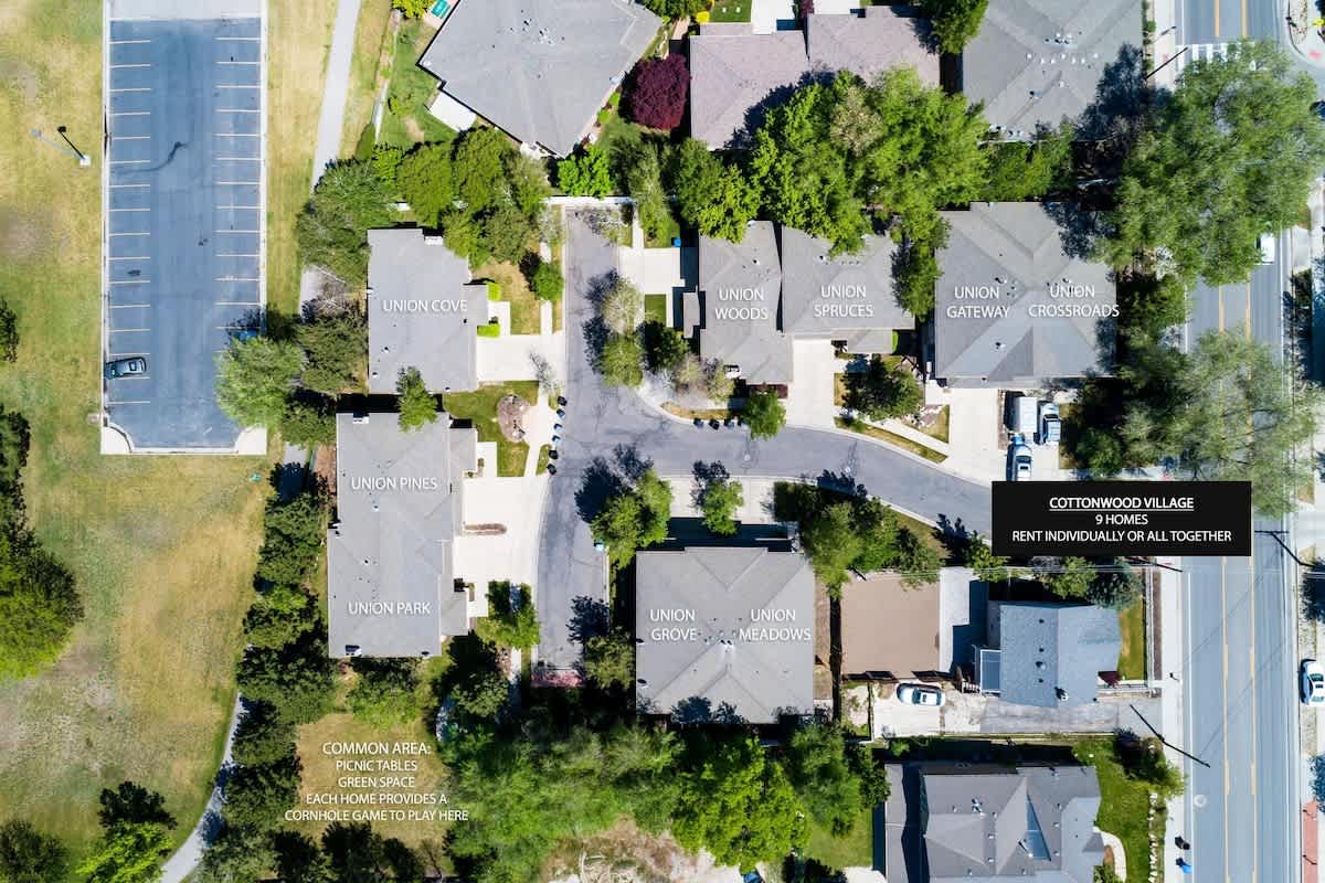 Birds eye view of the village - rent 1 home or all 9 homes