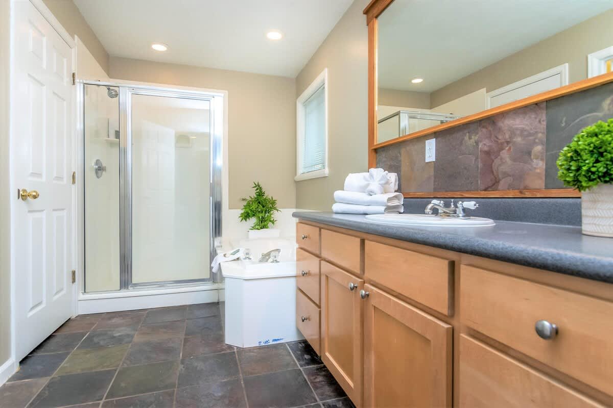 Master bathroom with tub and shower
