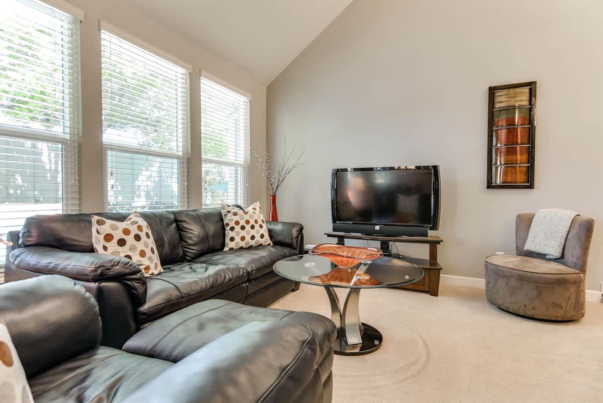 Family room leather sofa seating and TV