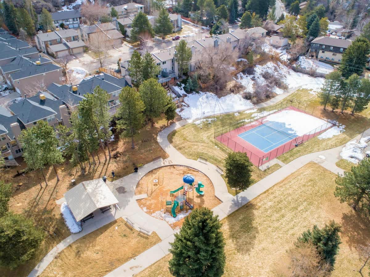 Aerial of the park next door and its amenities