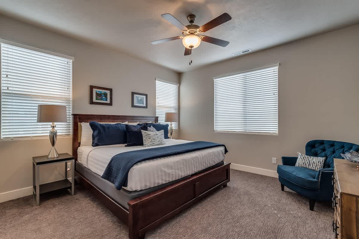 Master bedroom on main level with king bed