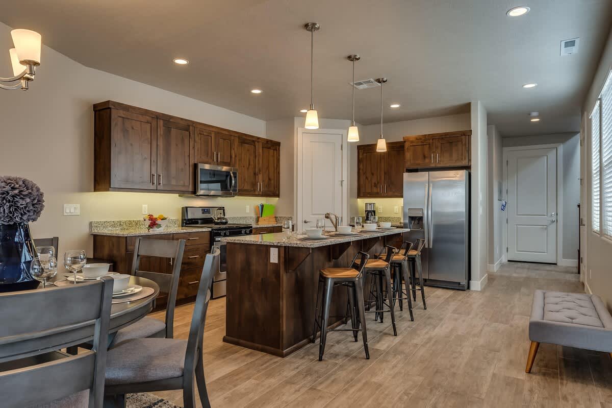 Open concept kitchen and dining areas