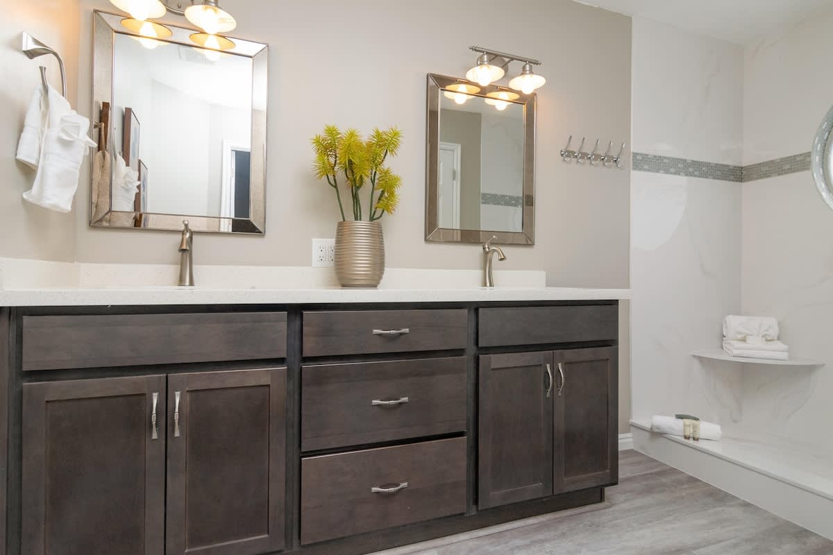 Master bathroom dual sink vanity and shower