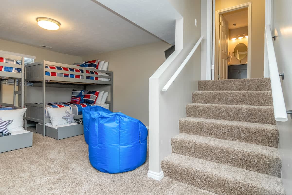 Bedroom 3 bunk room for kids with TV and bean bag chairs