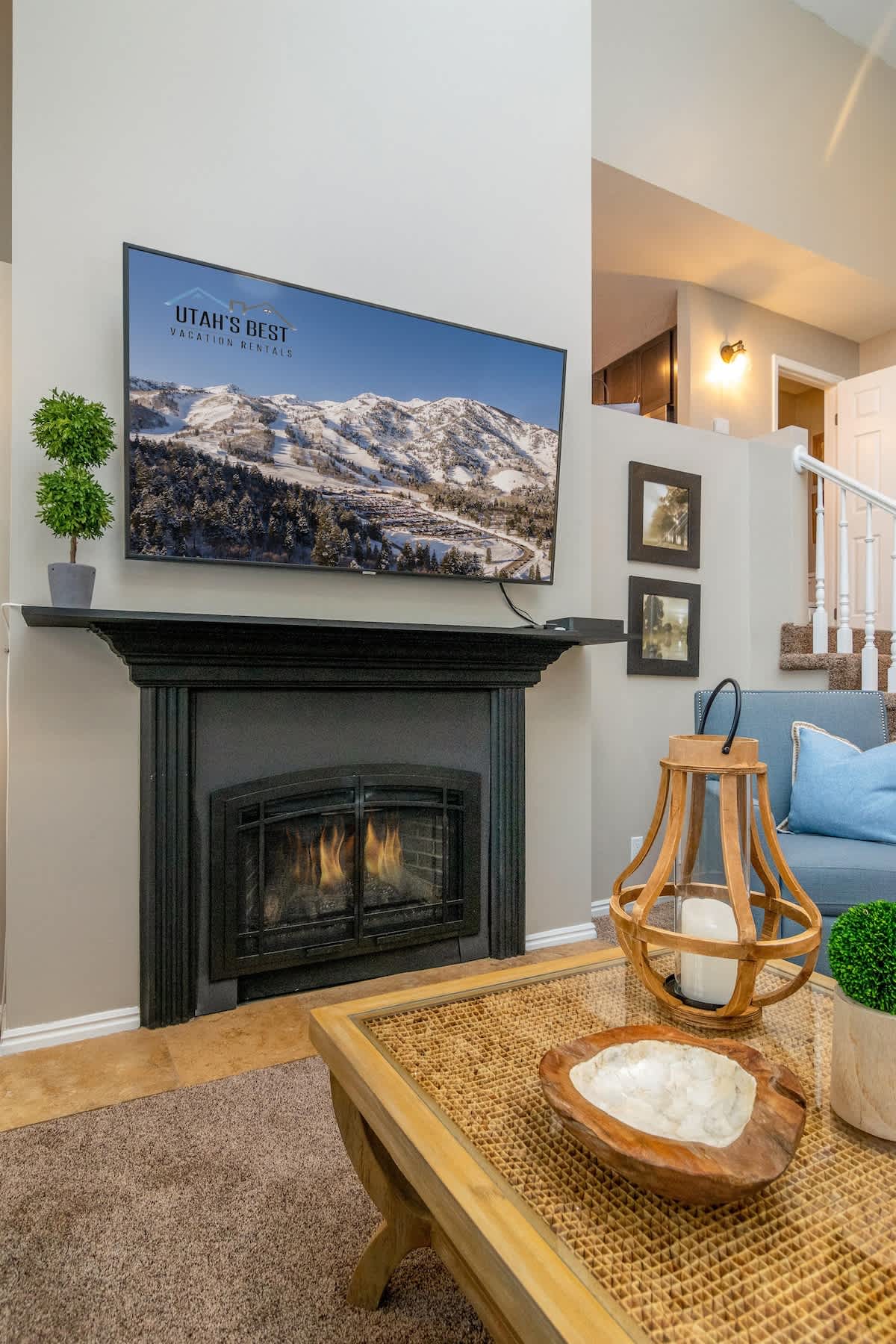 Cozy fireplace and large TV