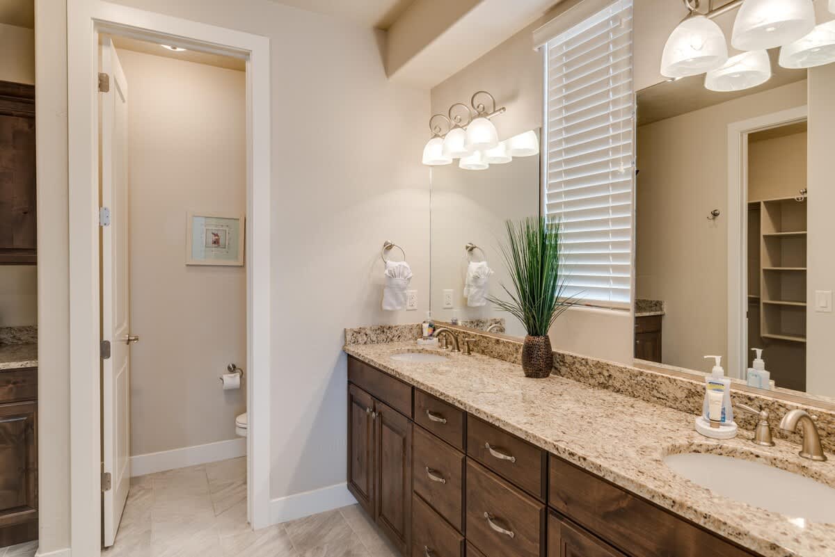 Double sink vanity and walk-in shower
