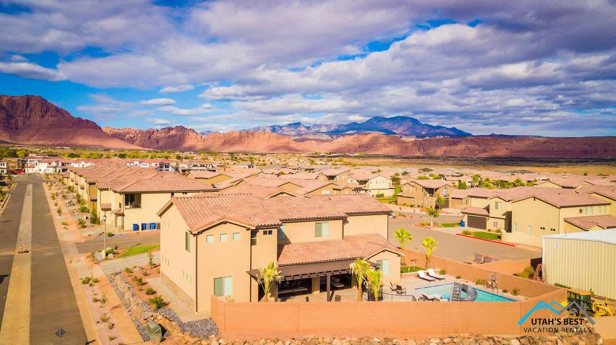  Aerial view of backyard oasis and stunning mountain views