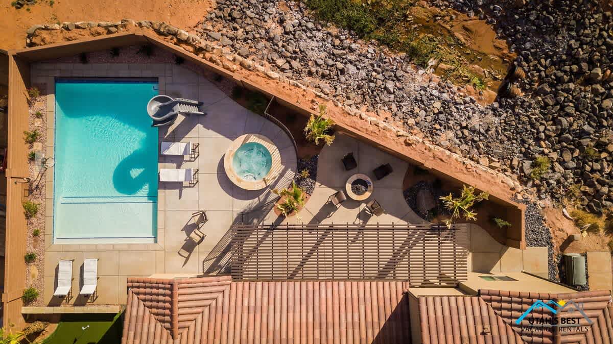  Aerial view of the back patio and pool area