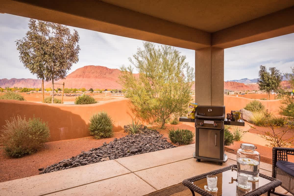 Covered patio with beautiful desertscape and mountain views