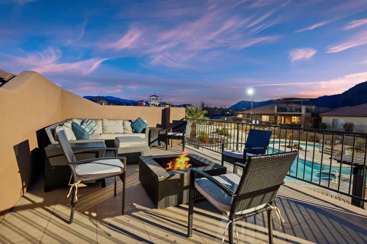 Relax round the fire pit with views of the waterpark