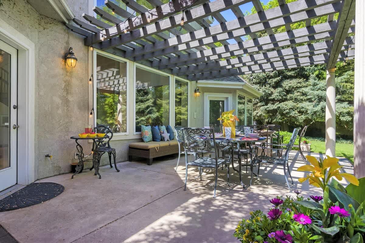 Picturesque pergola patio with lighting for summer fun together