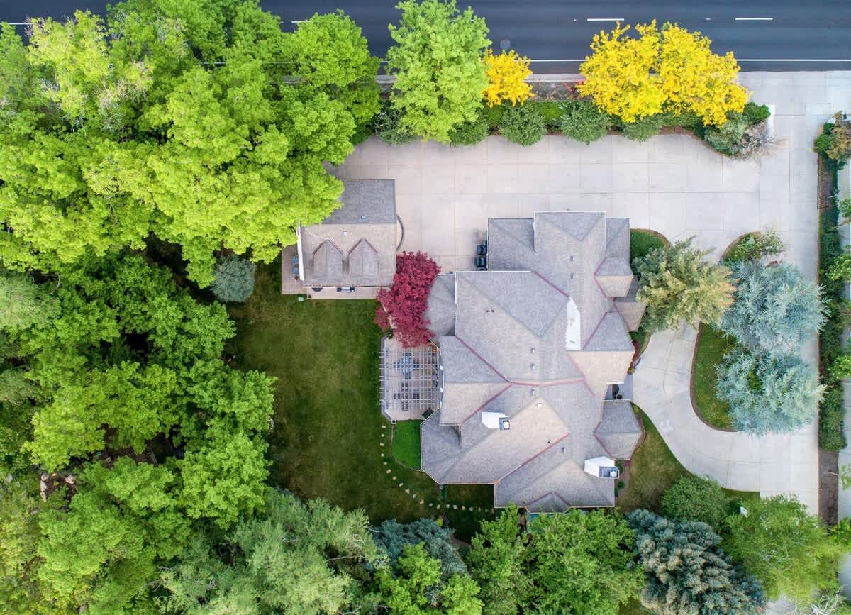 Aerial view of the main house and guesthouse