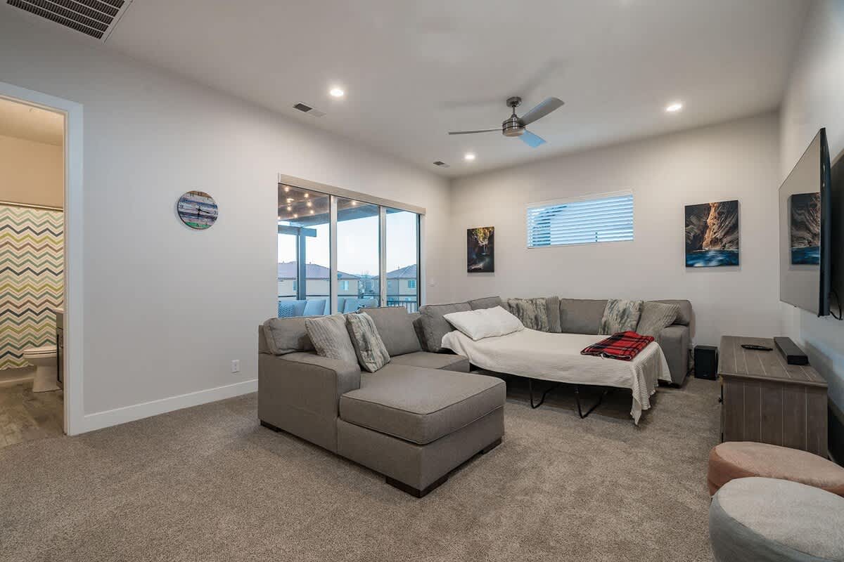 Sofa sleeper in family room provides additional sleeping