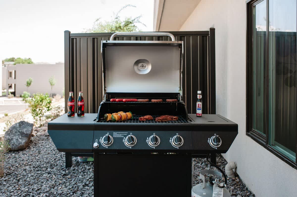 Barbecue provided on patio for grilling