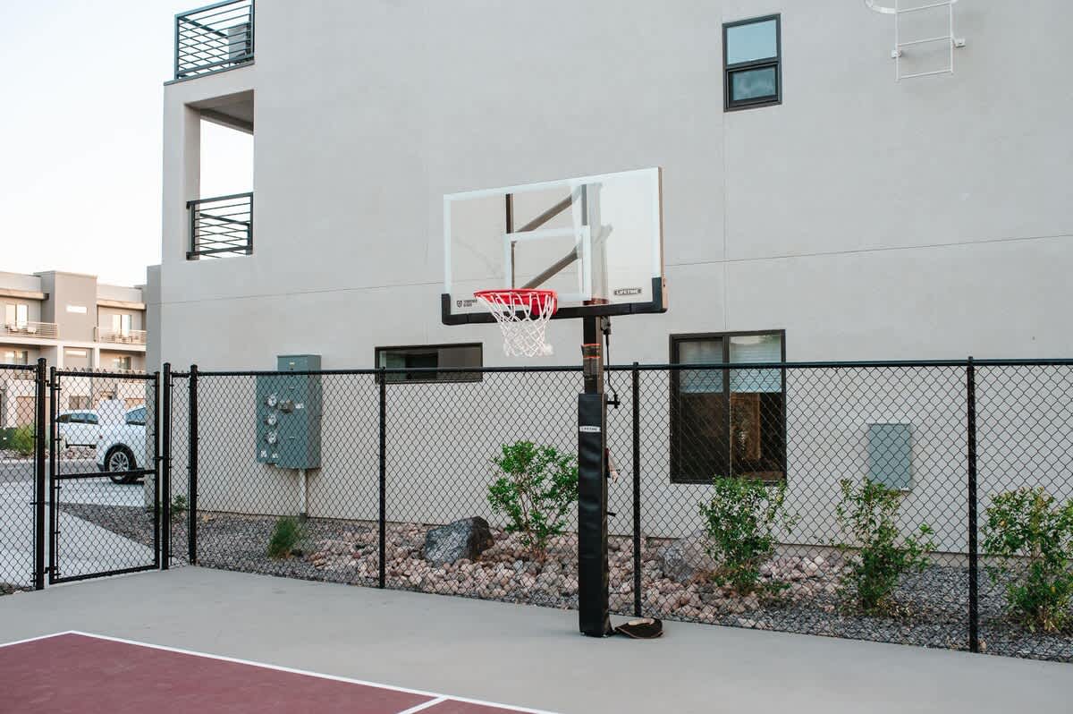 Basketball hoop on the pickleball court