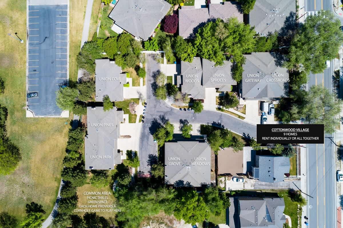 Birds eye view of the village - rent 1 home or all 9 homes